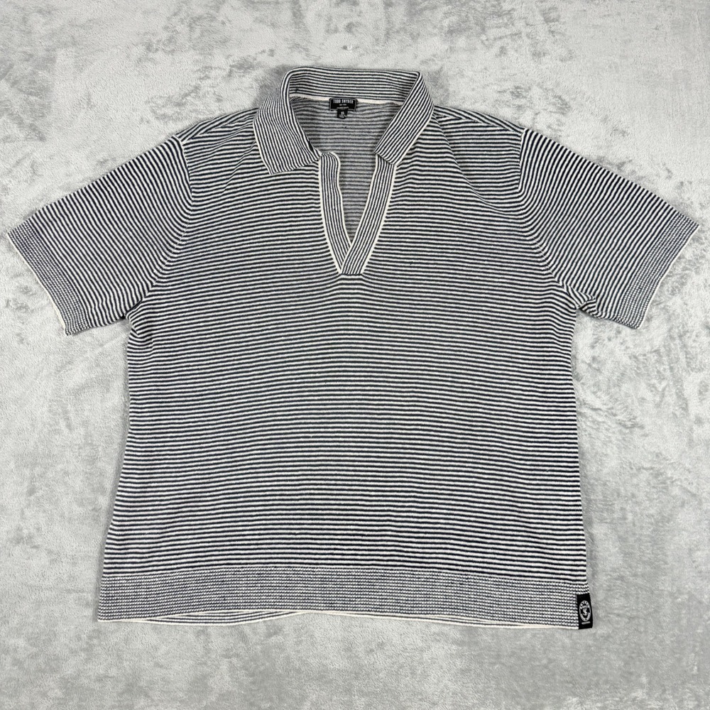 Todd Snyder Mens XL Knit Polo Shirt Navy White Striped Linen Cotton
